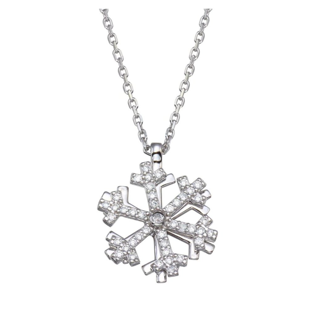Sterling Silver 925 Rhodium Plated Rotating Snowflake CZ Necklace